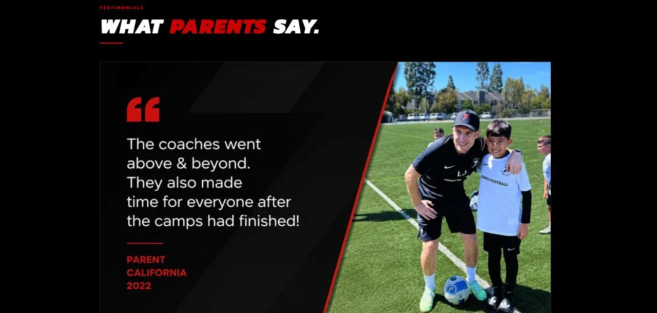 Parent testimonial saying the coaches went above and beyond at a Joner Football camp