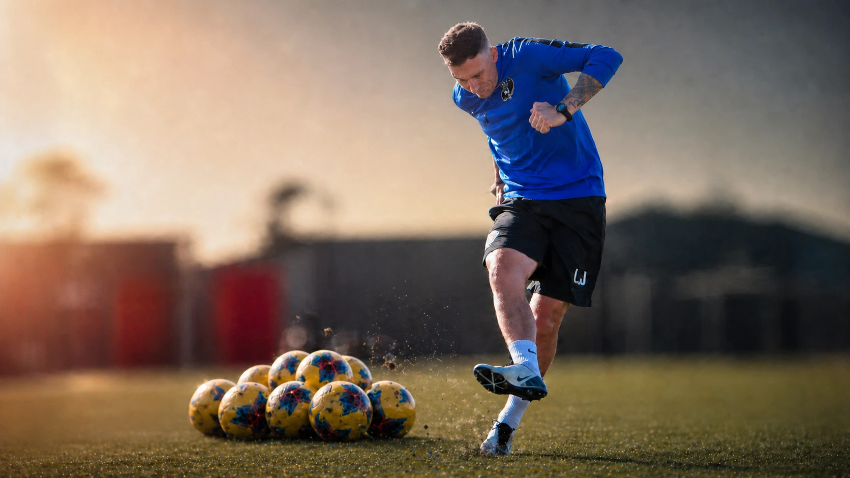 Lee Jones training on the grass with a bag of footballs beside him
