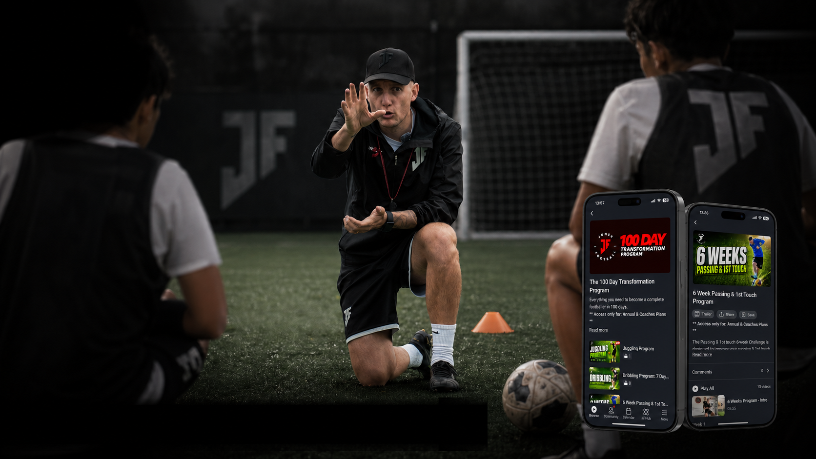 Coach Lee Jones with players, showing the Joner Football App