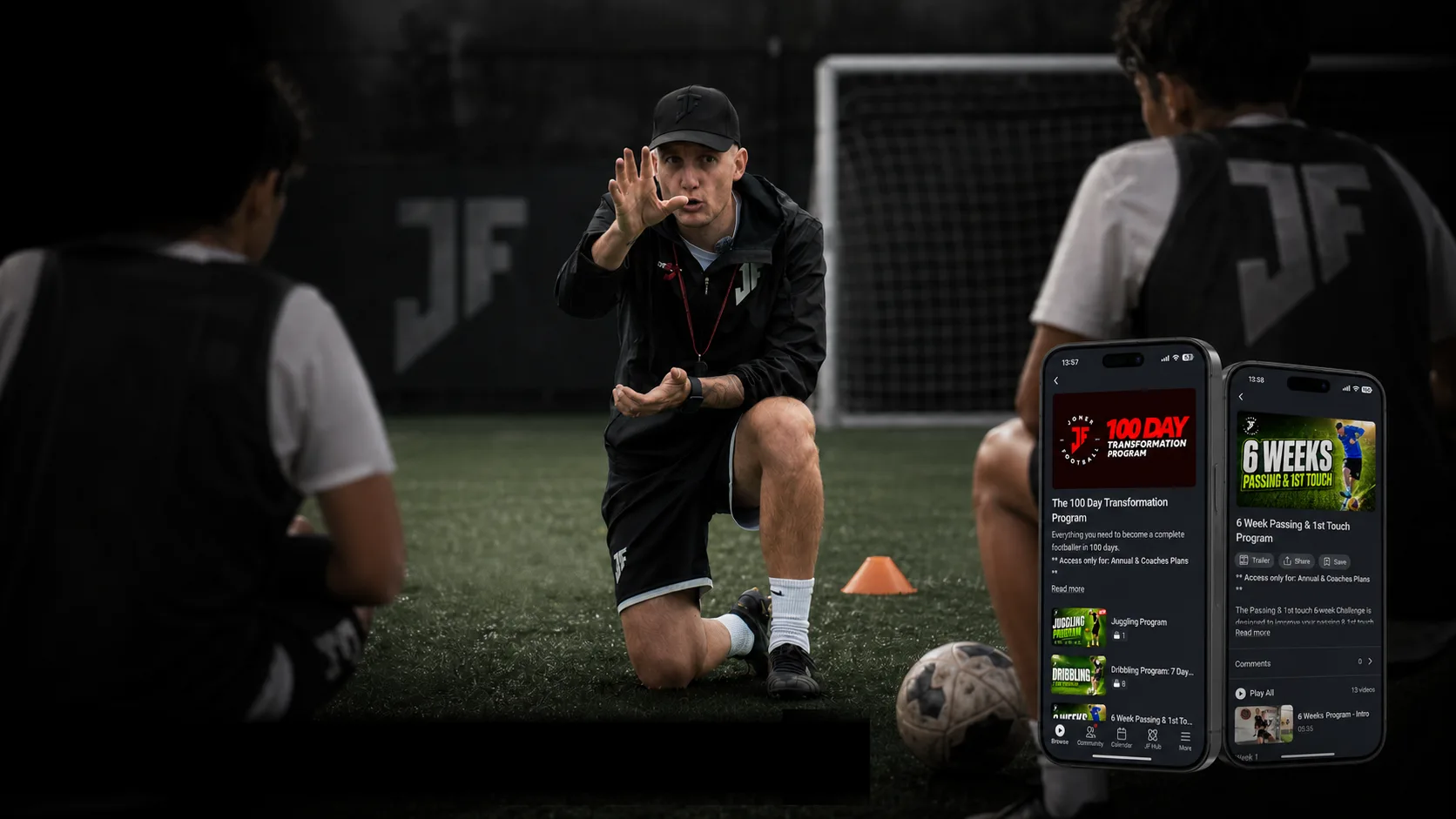 Coach Lee Jones with players, showing the Joner Football App