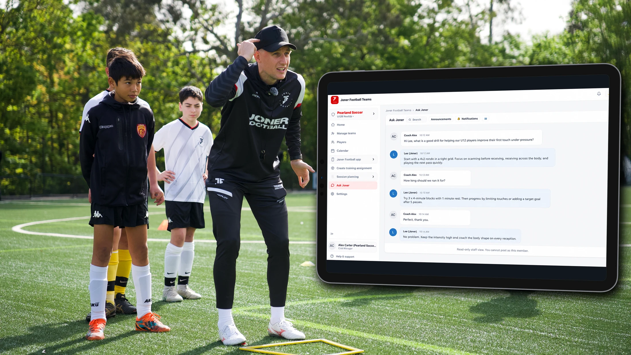 A coach answering a player question in Ask Joner beside players on the pitch