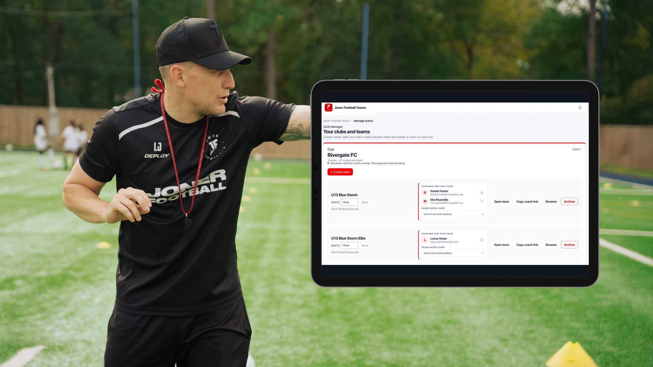 A coach on the pitch beside the JF Teams club management dashboard