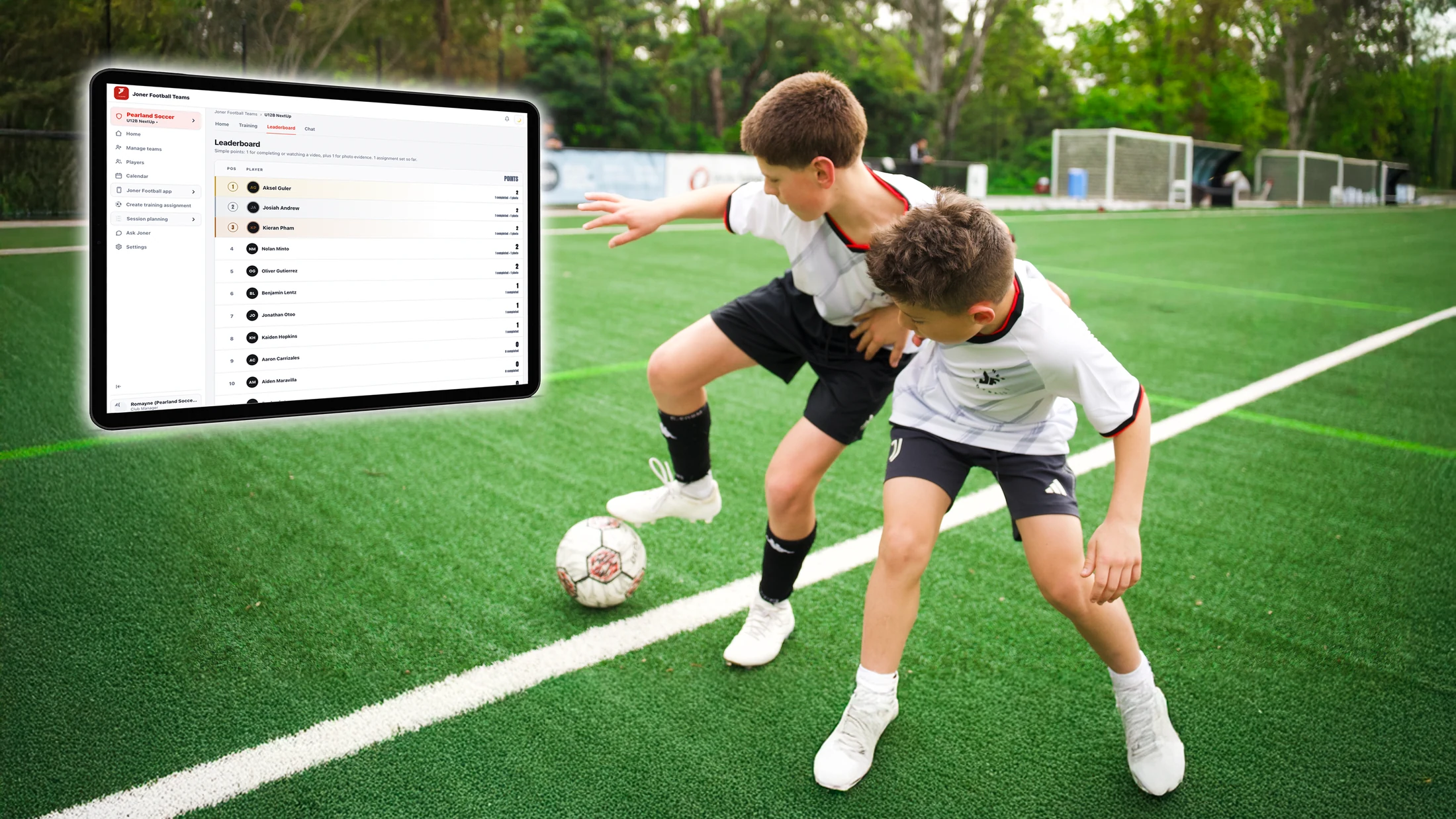 Two football players competing beside the JF Teams leaderboard