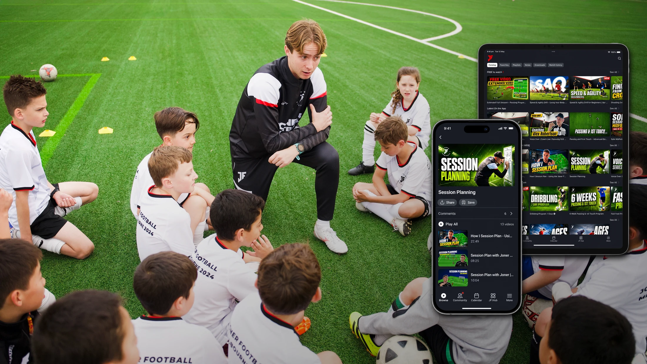 A coach with players beside the Joner Football App on phone and tablet