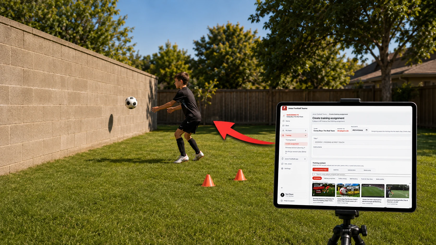 A player completing football training beside the JF Teams assignment dashboard