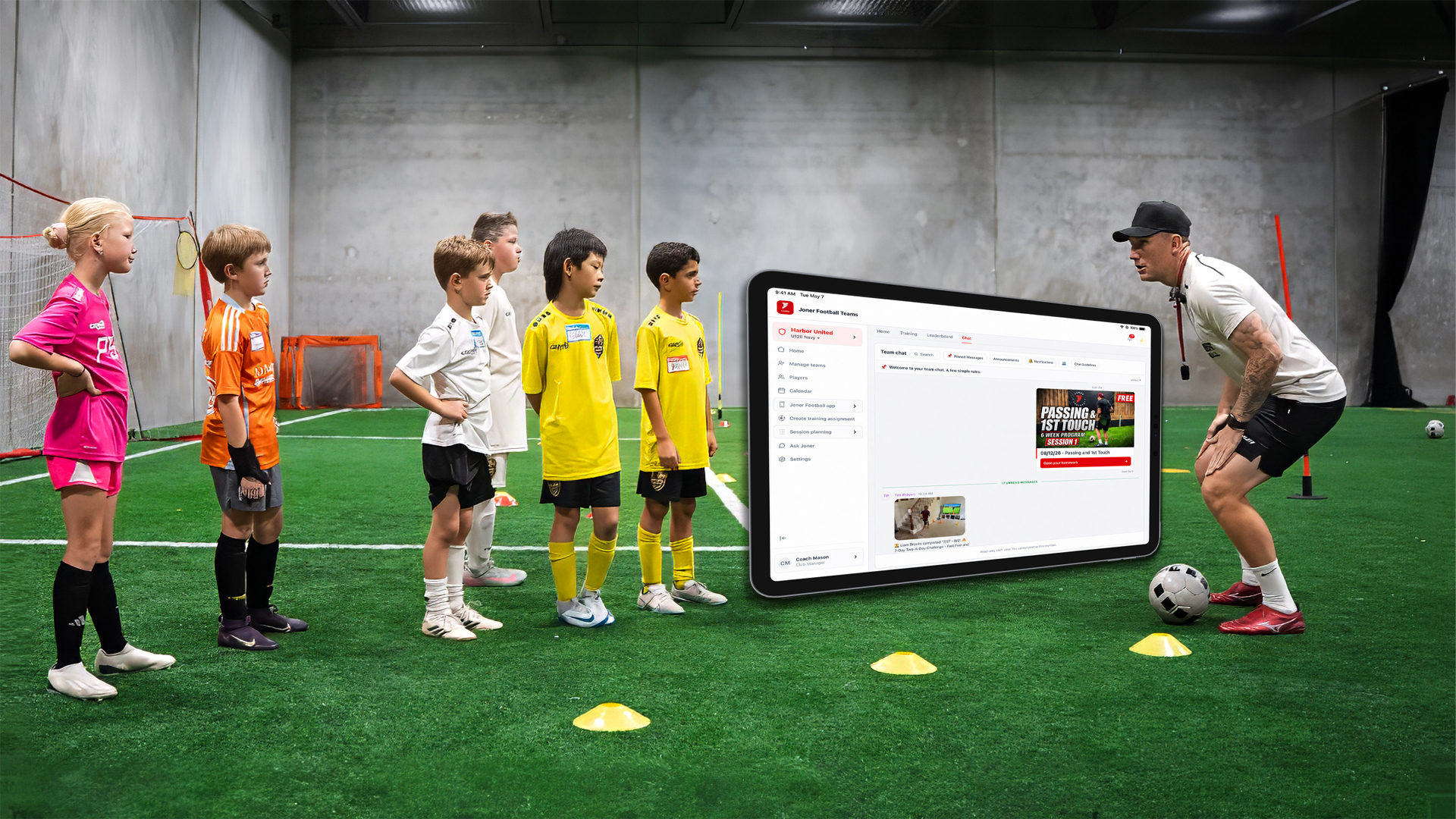 A coach and young players beside the JF Teams team chat dashboard