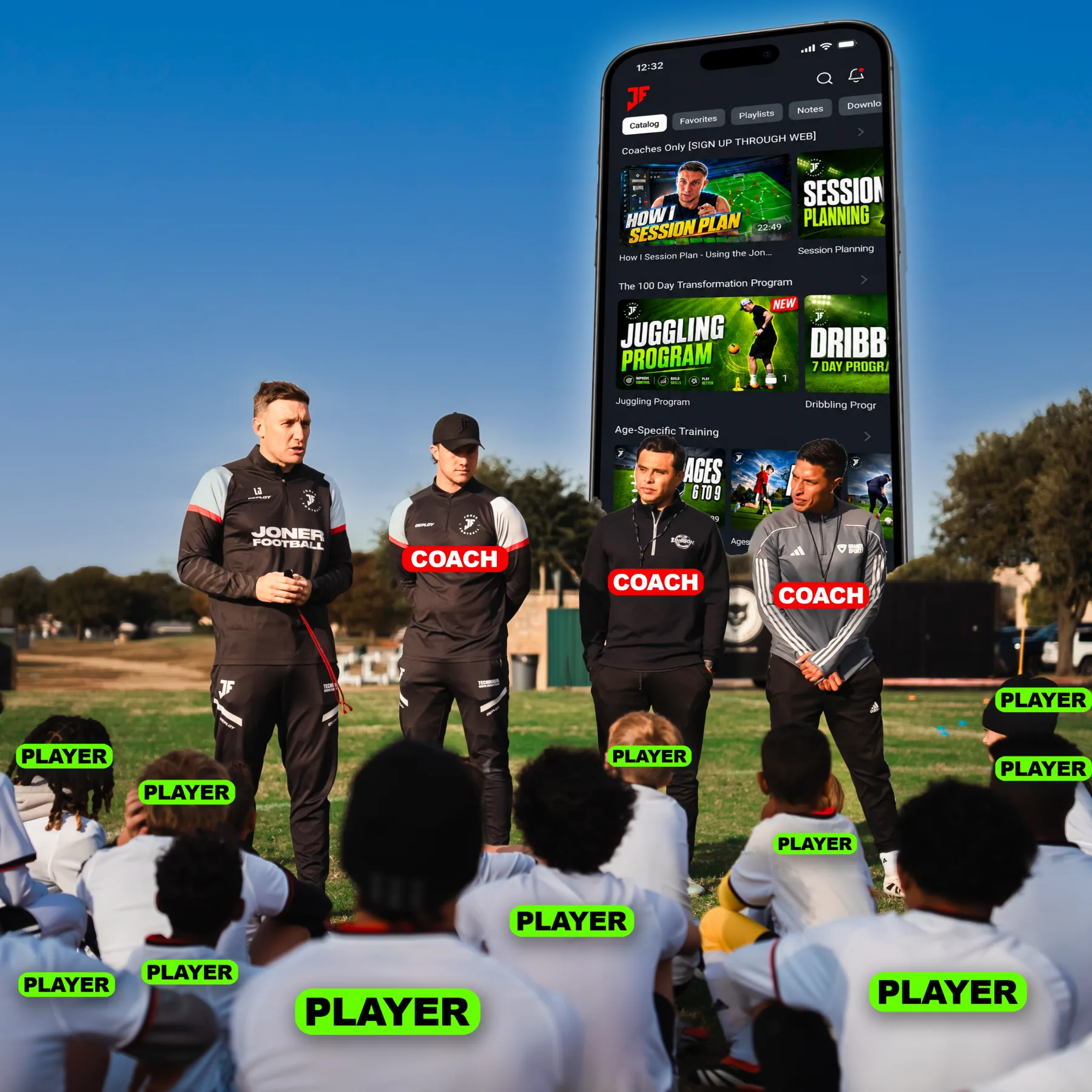 Joner Football coaches presenting the team subscriptions app to players