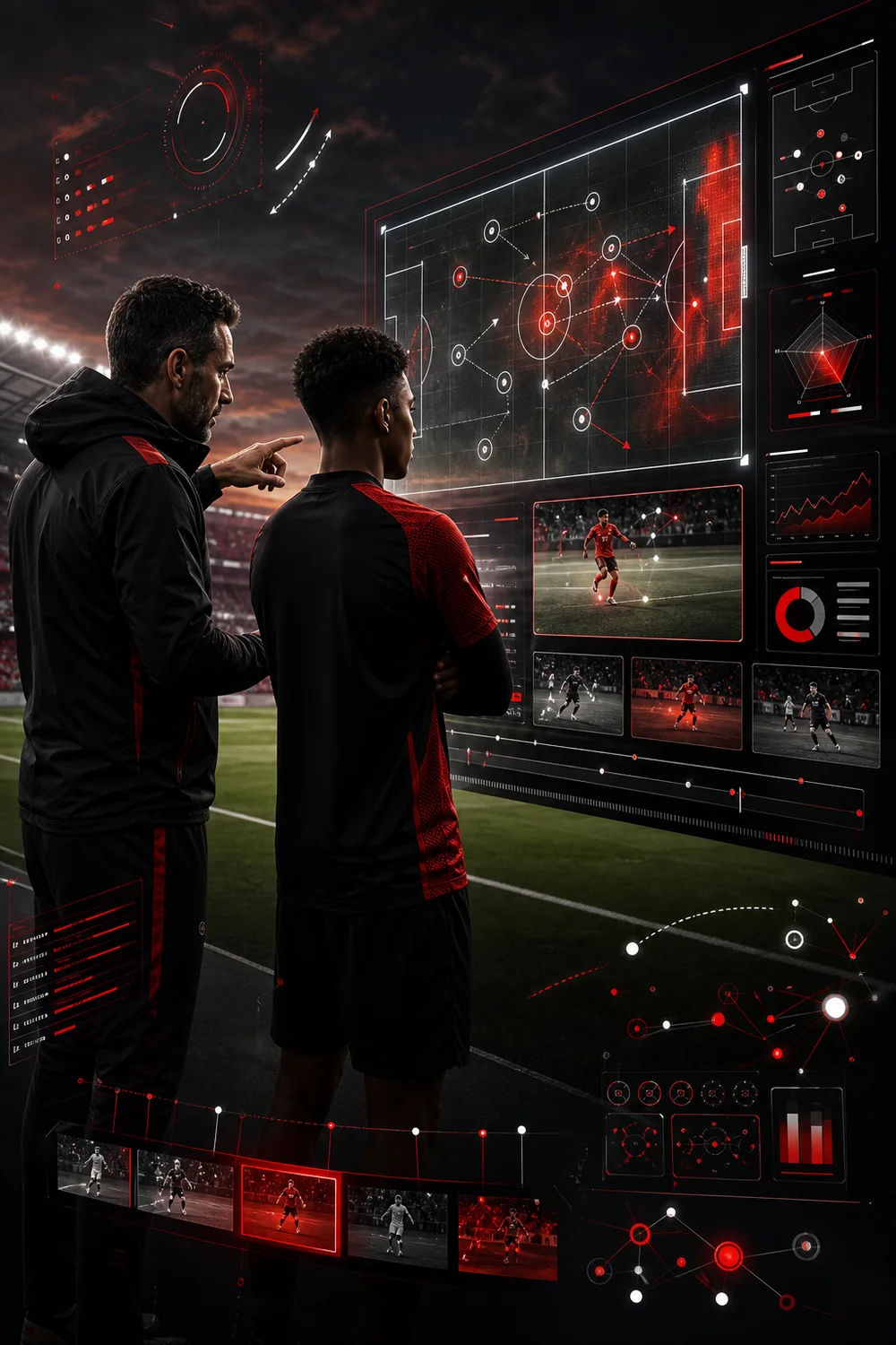 Coach and player reviewing match footage and performance analysis